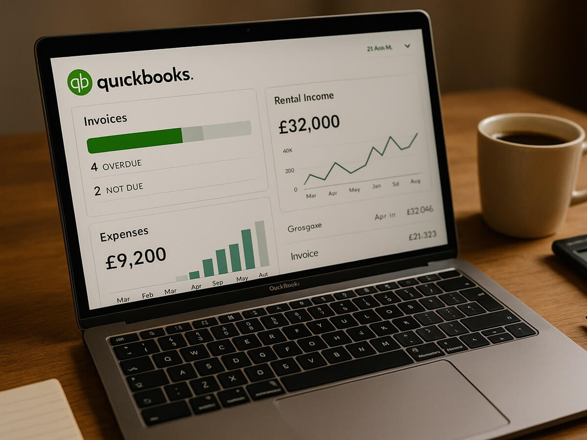 QuickBooks dashboard showing landlord rental income, invoices, and expenses used by SBX Accountants