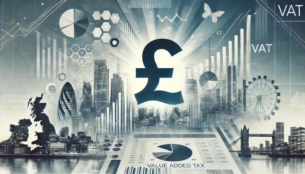 Conceptual illustration of UK VAT with pound symbol, city skyline, and financial graphs.