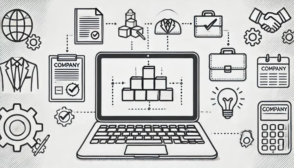 Illustration showing company formation process with laptop, documents, briefcase, calendar, and compliance icons.