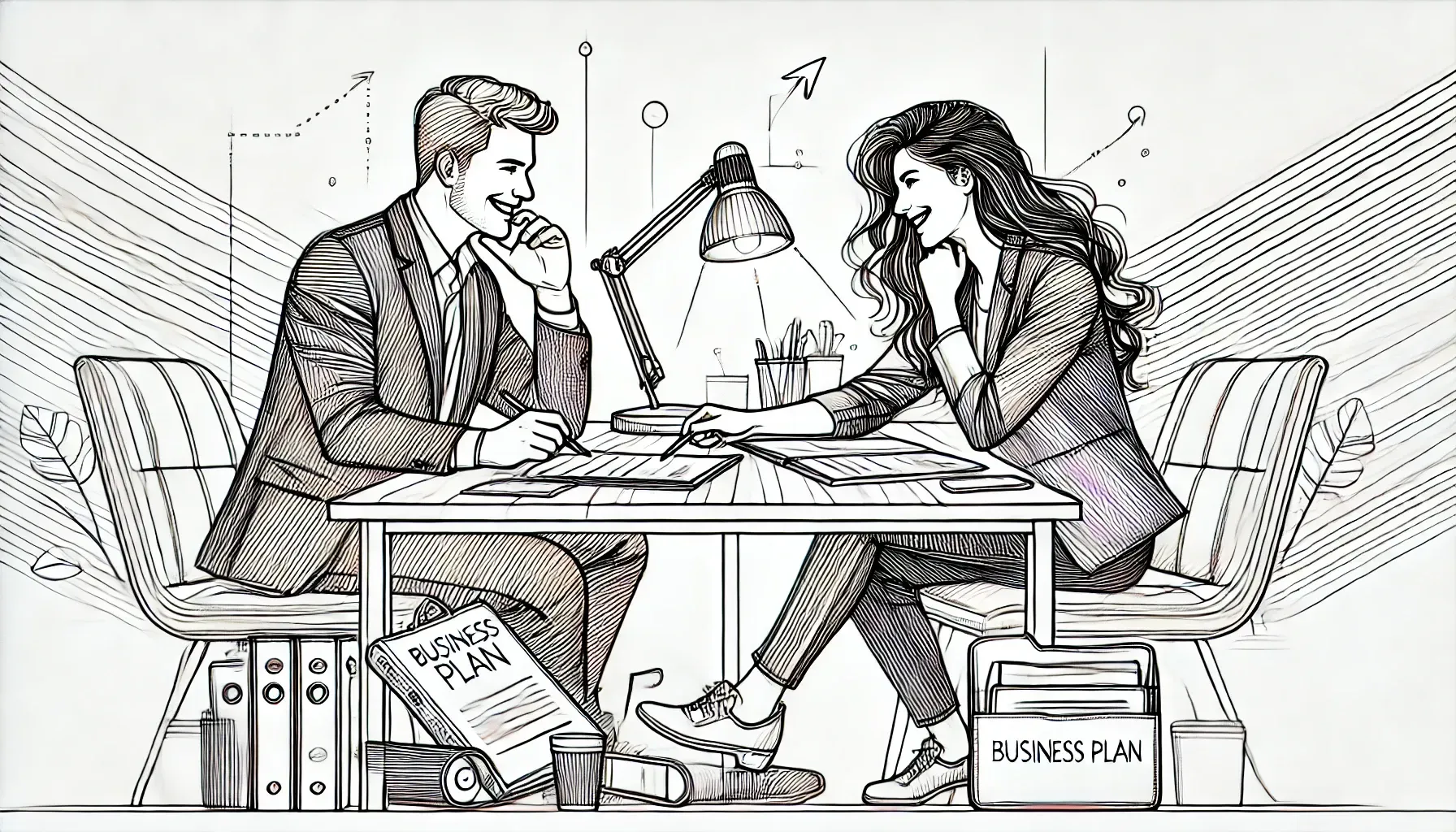 Two professionals discussing a business plan at an office table with documents and folders.