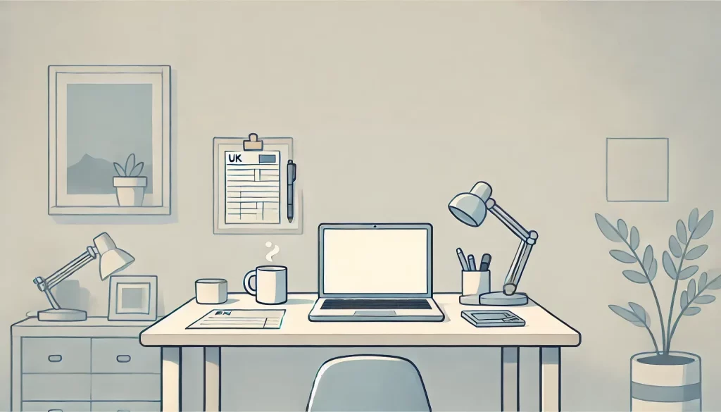 Minimalist home office desk setup with laptop, coffee mug, clipboard, and desk lamps.