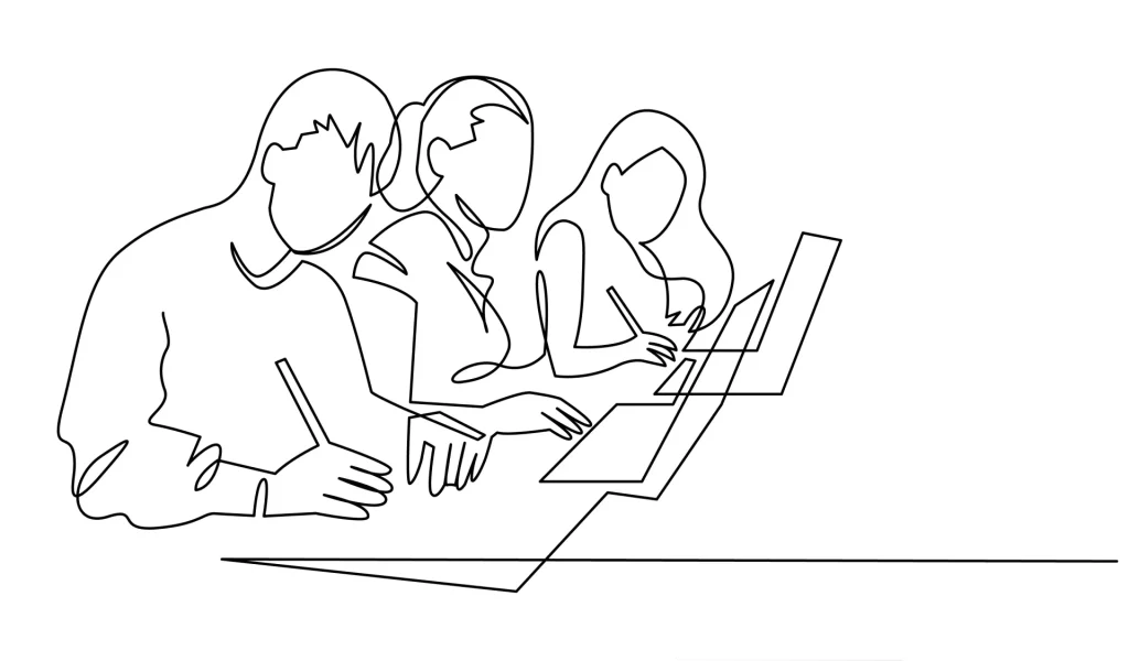 Line art illustration of three people collaborating on a project with laptops and notebooks.