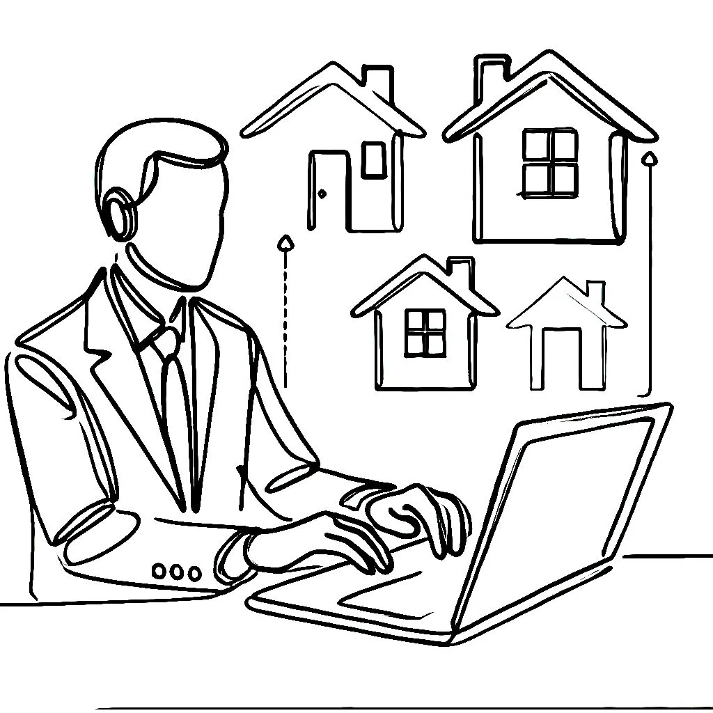 person on laptop in front of houses drawing