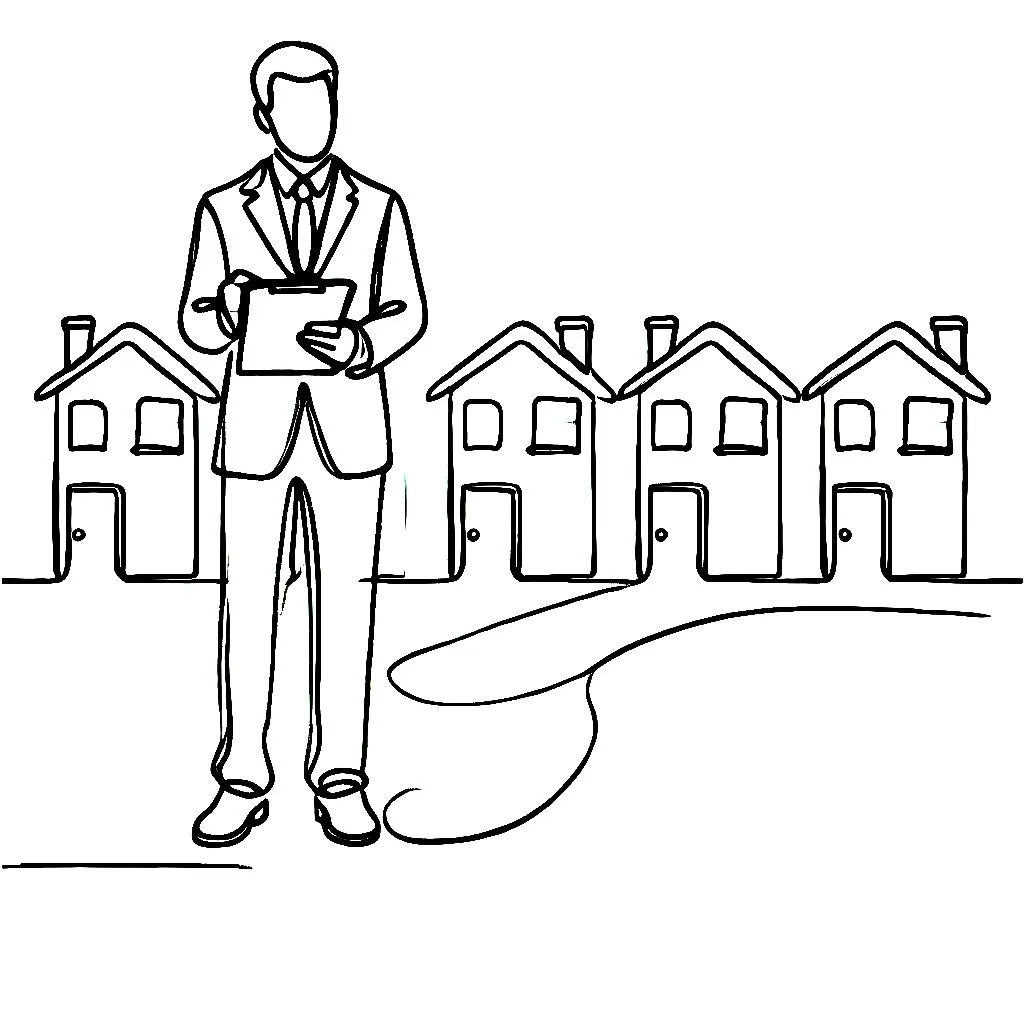 man on clipboard outside of houses drawing