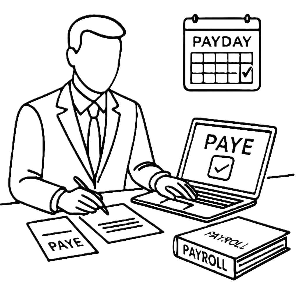 Illustration of payroll management with PAYE documents, calendar, and laptop, symbolising SBX Accountants’ payroll services for UK businesses.