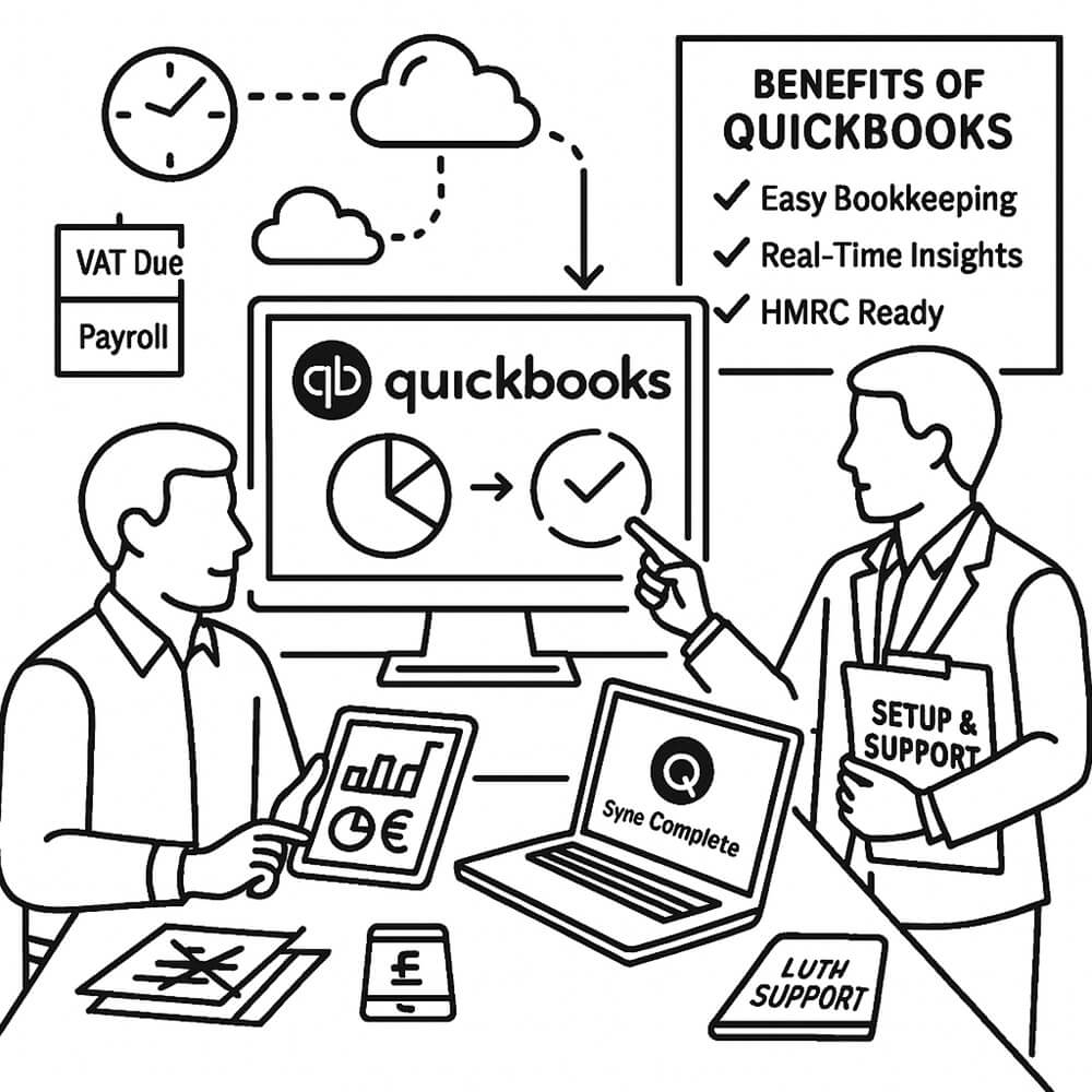Illustration of an SBX accountant helping a client set up QuickBooks software, showing dashboards, cloud sync, and key benefits for UK businesses.