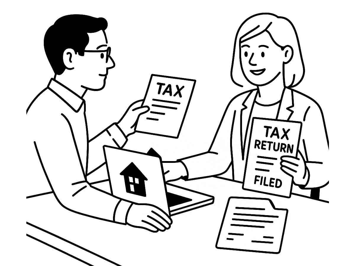Line illustration of landlord and accountant reviewing tax returns and property accounts with SBX Accountants