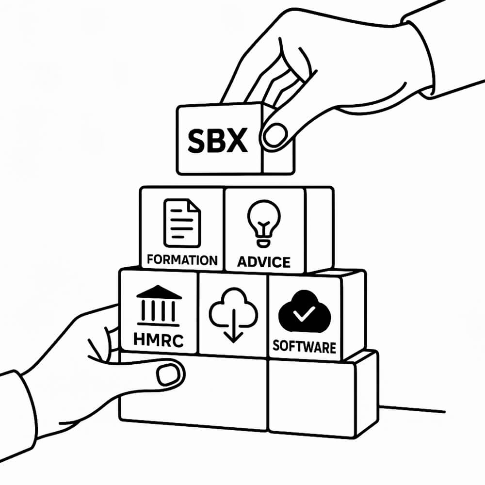 Black and white line drawing of interlocking blocks representing business setup services by SBX Accountants.