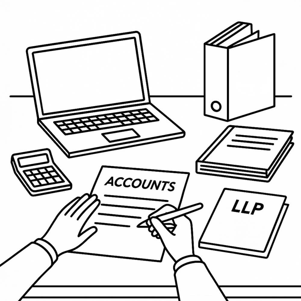 Black and white line drawing of company accounts filing workspace with laptop, calculator, and documents labelled Accounts and LLP by SBX Accountants.