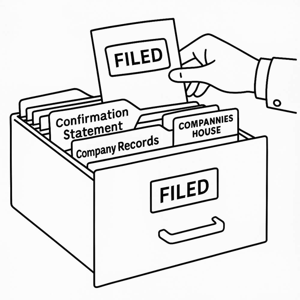 Open filing cabinet drawer with folders for Confirmation Statement, Company Records and Companies House Restoration, and a document stamped Filed, representing SBX Accountants’ company secretarial services.