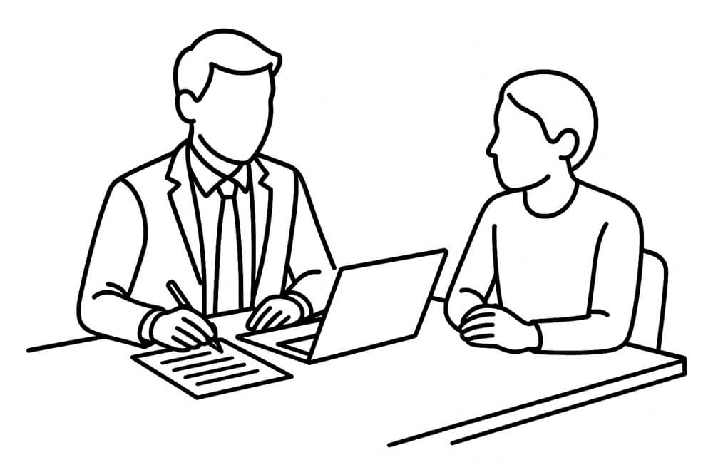 Self Assessment accountant meeting with client reviewing tax documents and explaining HMRC filing process.