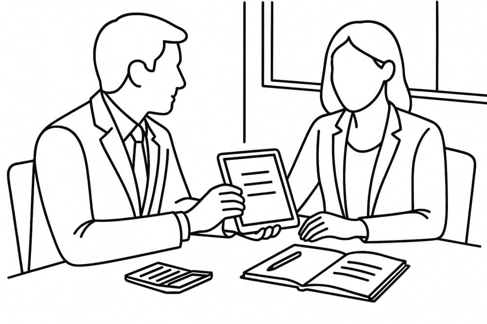 Faceless accountant and client reviewing Self Assessment pricing at a desk with a laptop, representing SBX Accountants’ transparent tax return service.