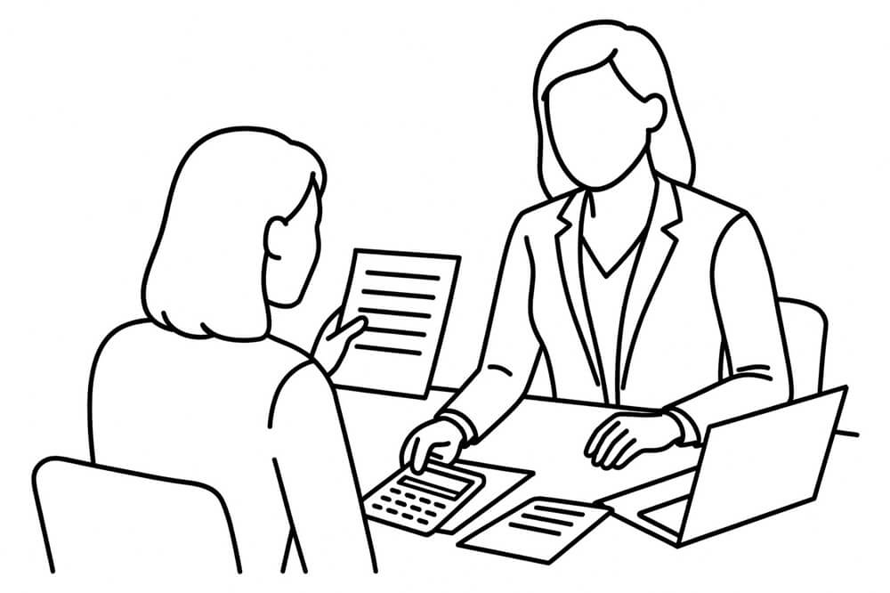 Black and white line-art illustration of an accountant and client discussing a Self Assessment Tax Return across a desk.