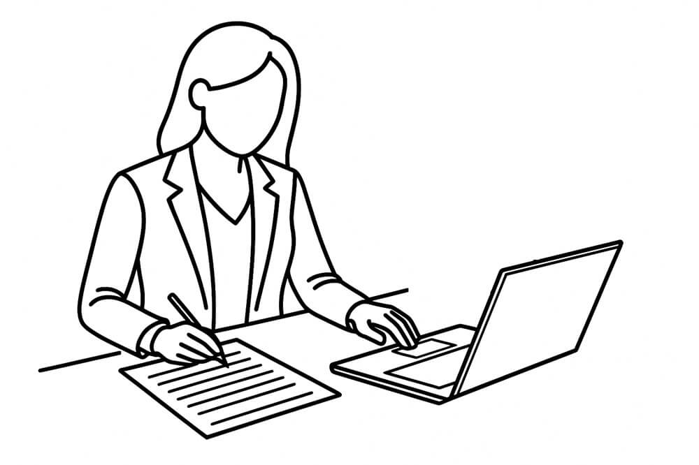 Black and white line-art illustration of an accountant preparing a Self Assessment Tax Return using a laptop and reviewing paperwork.