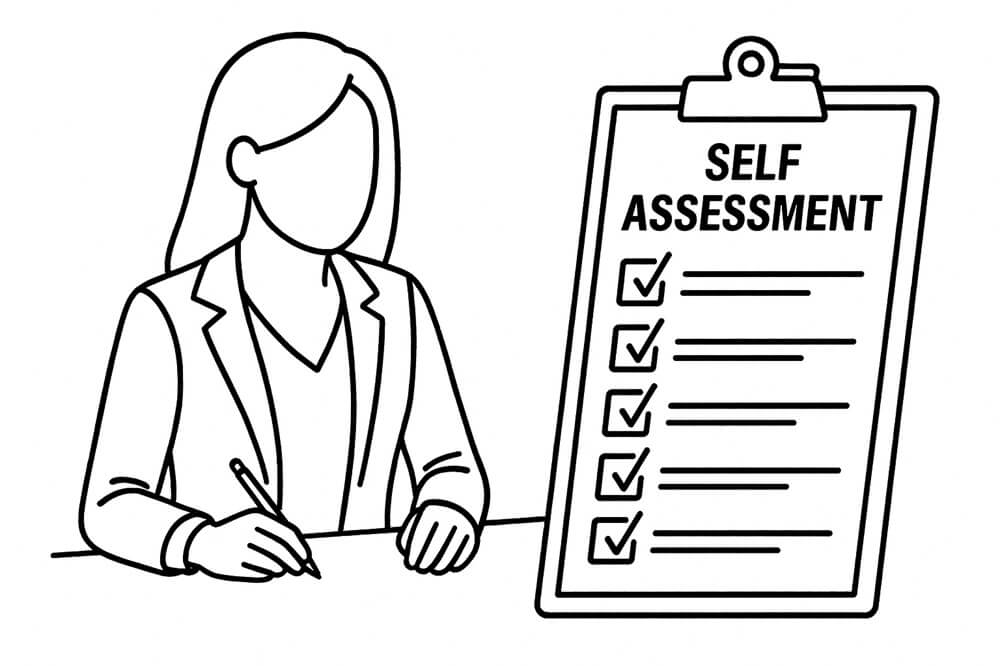 Black and white line-art illustration of an accountant explaining Self Assessment Tax Return eligibility to a client using a chart.