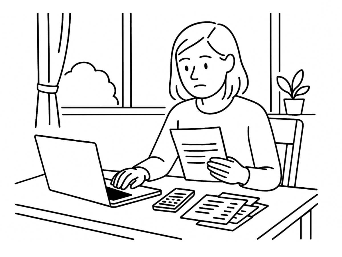Black and white line art of a self-employed person reviewing Self Assessment tax return papers at home with a laptop and calculator, illustrating SBX Accountants’ tax advice services.