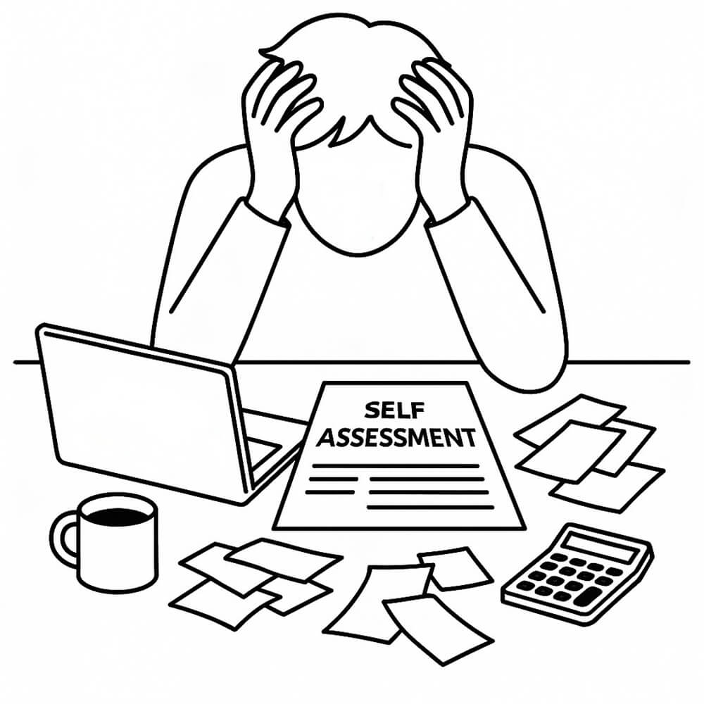 Frustrated person completing Self Assessment tax returns surrounded by receipts, calculator, and SBX Accountants laptop.
