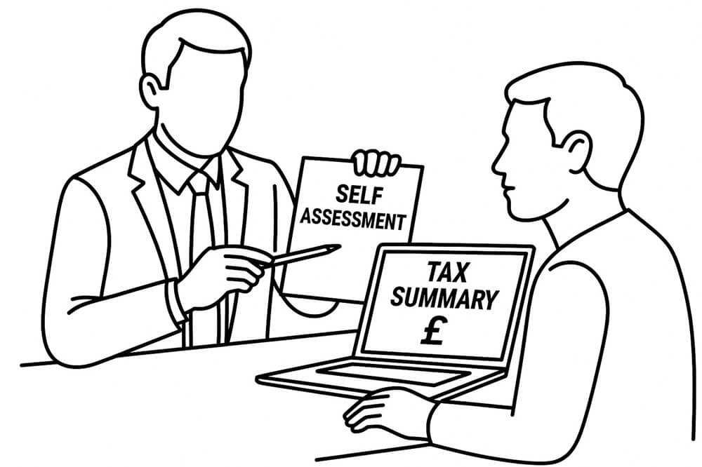 Self Assessment accountant showing client a tax summary and explaining HMRC payment dates.